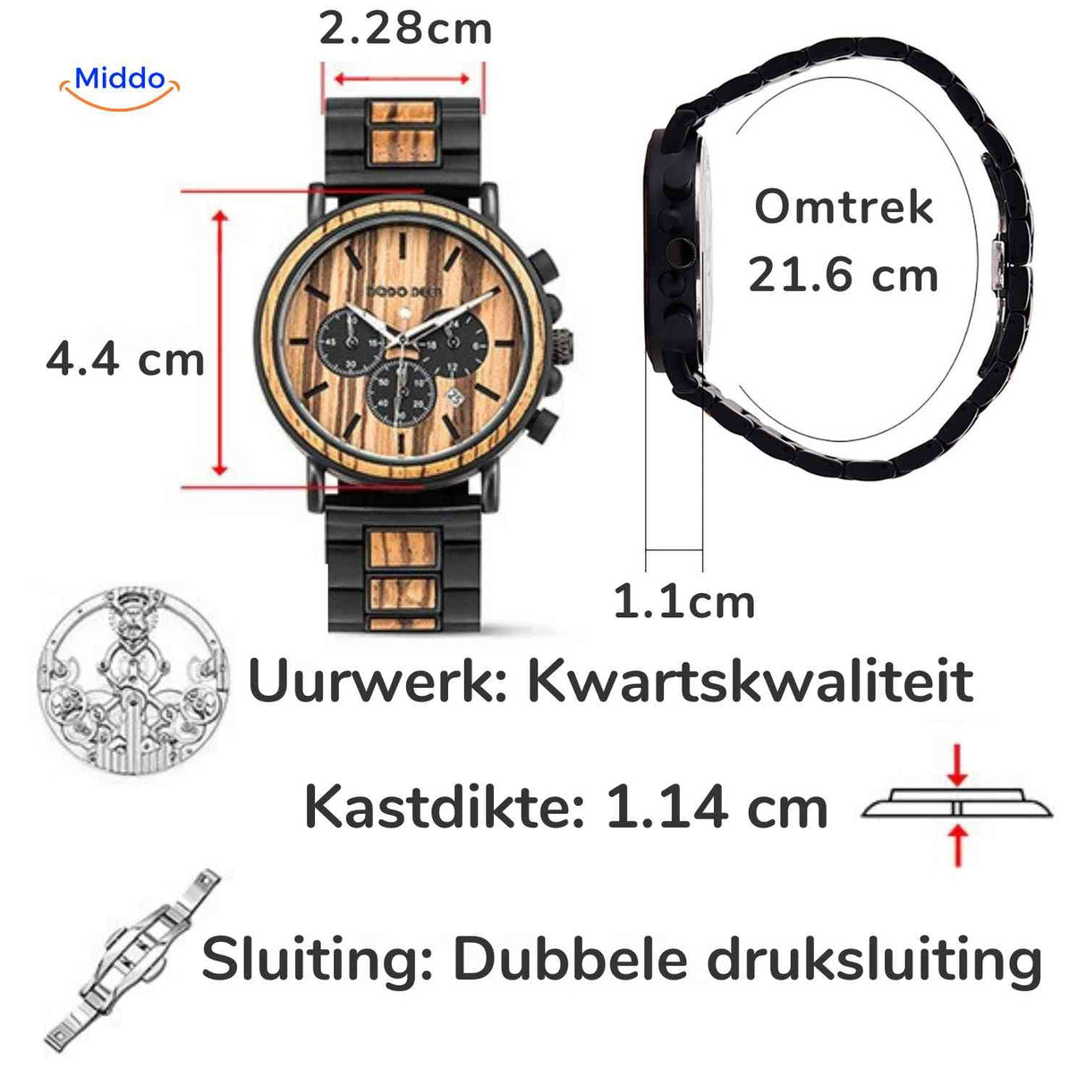 Timbero Holzuhr Holz-Chronograph Abmessungen und Spezifikationen