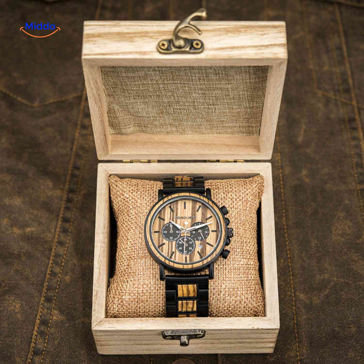 Timbero Holzuhr Holz-Chronograph Geschenkset offene Box