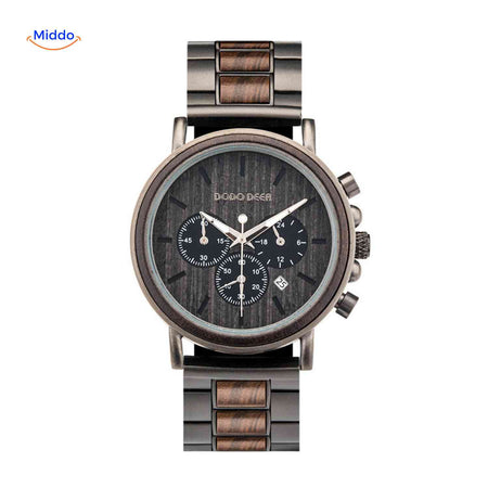 Timbero Houten Horloge houten chronograaf horloge met donkere houtlook www.middo.nl