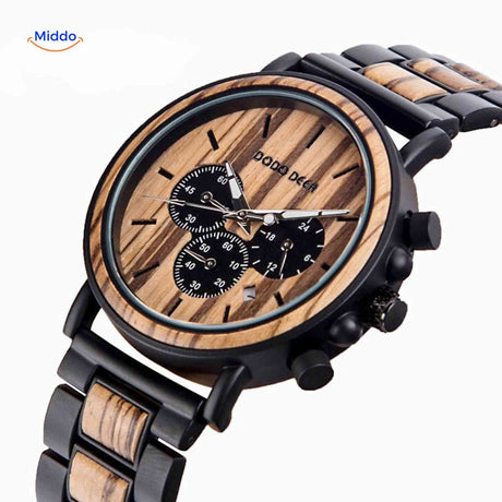 Timbero Holzuhr Holz-Chronograph mit schwarzem Stahlgehäuse