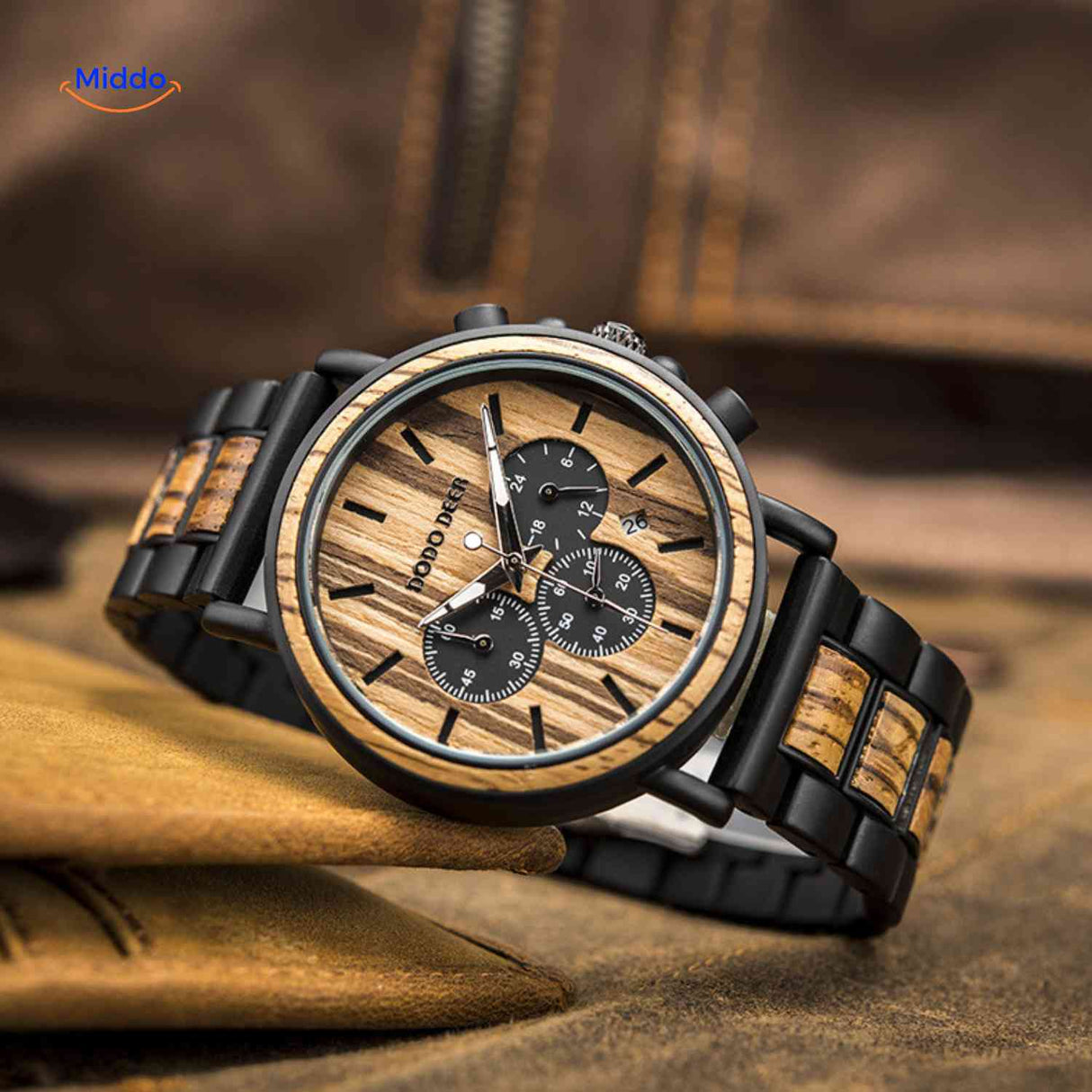 Timbero Holzuhr Holz-Chronograph flach liegend Produktfoto