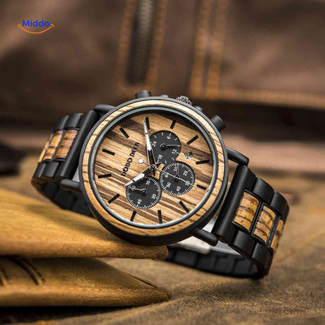 Timbero Holzuhr Holz-Chronograph flach liegend Produktfoto