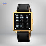 TimeMyst Quadratische Uhr gold mit Lederband moderne Wortuhr www.middo.de