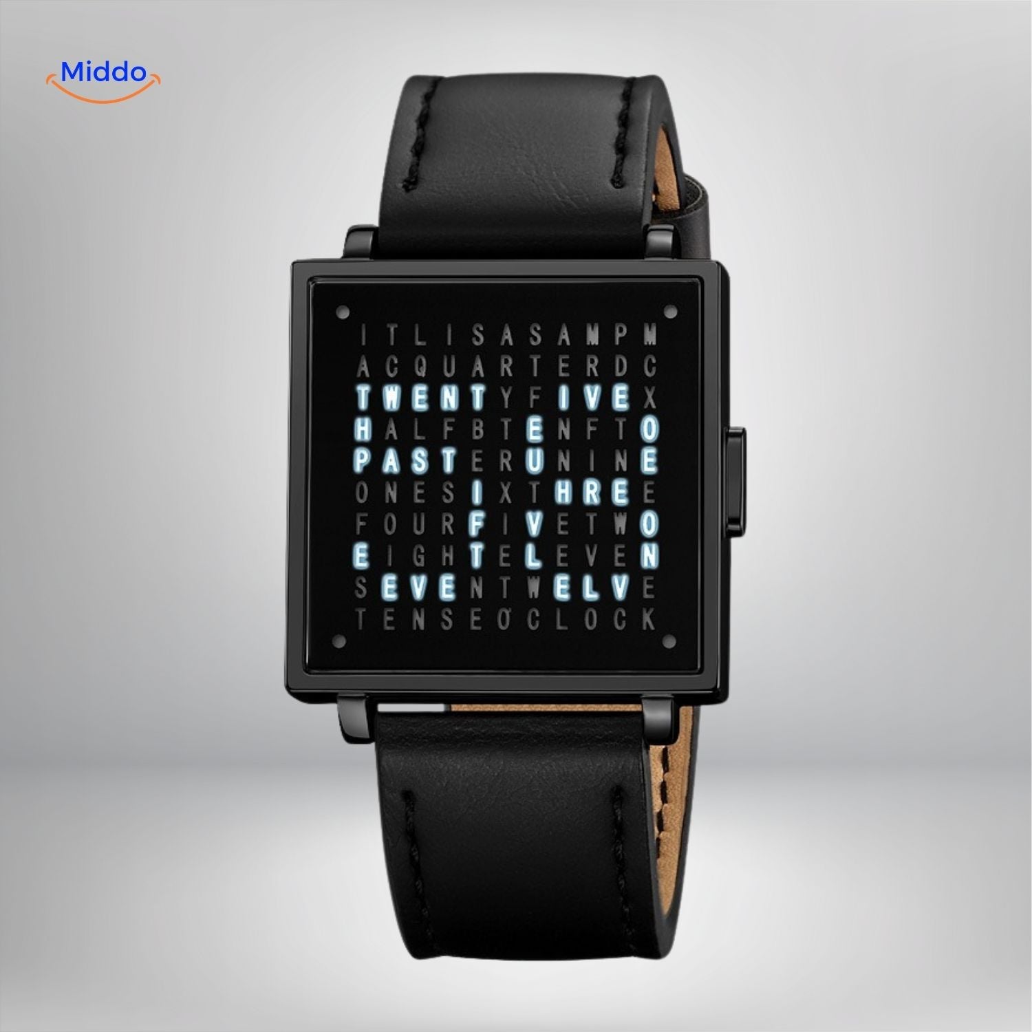 TimeMyst Quadrat-Uhr mit schwarzem Lederarmband im Wortuhr-Stil www.middo.de