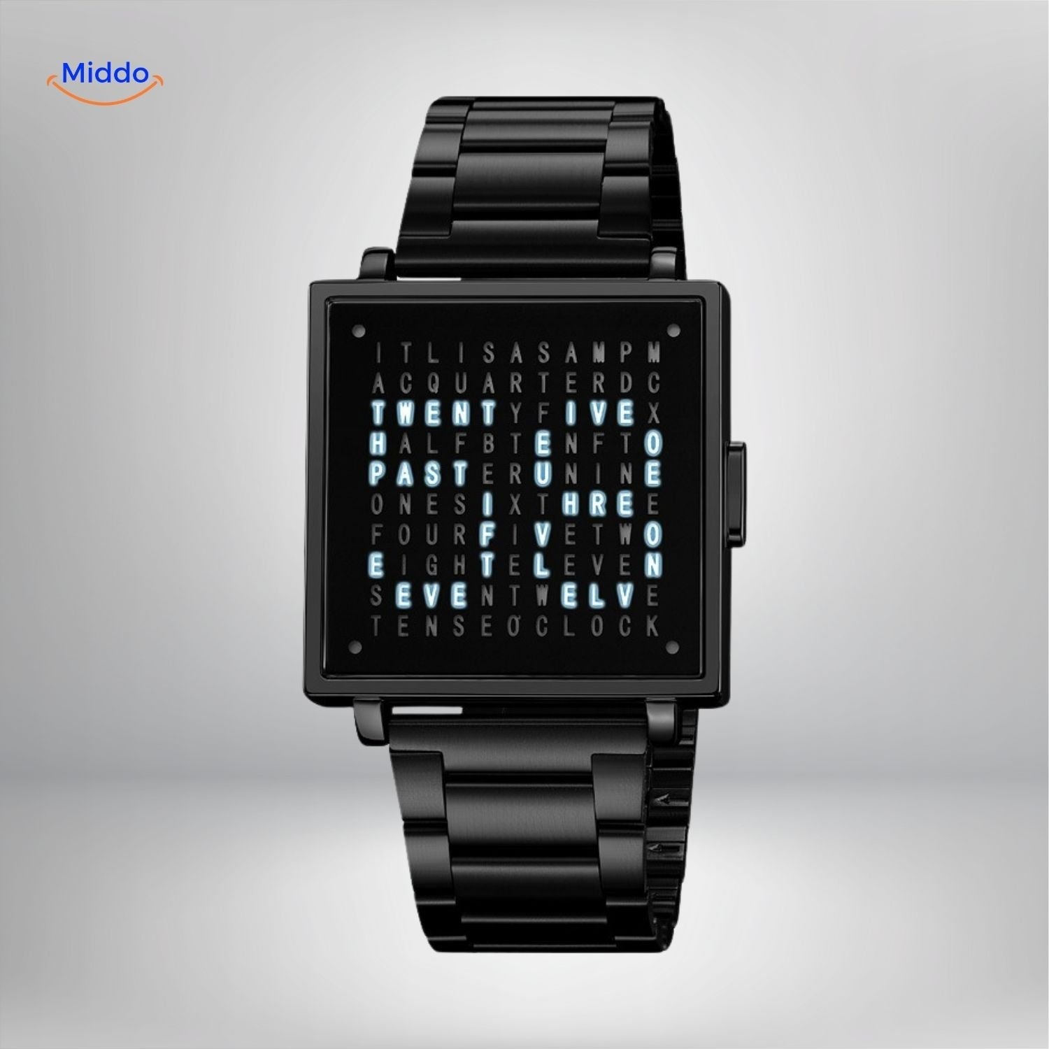 TimeMyst Quadratische Uhr schwarze Stahlarmband Wortuhr www.middo.nl