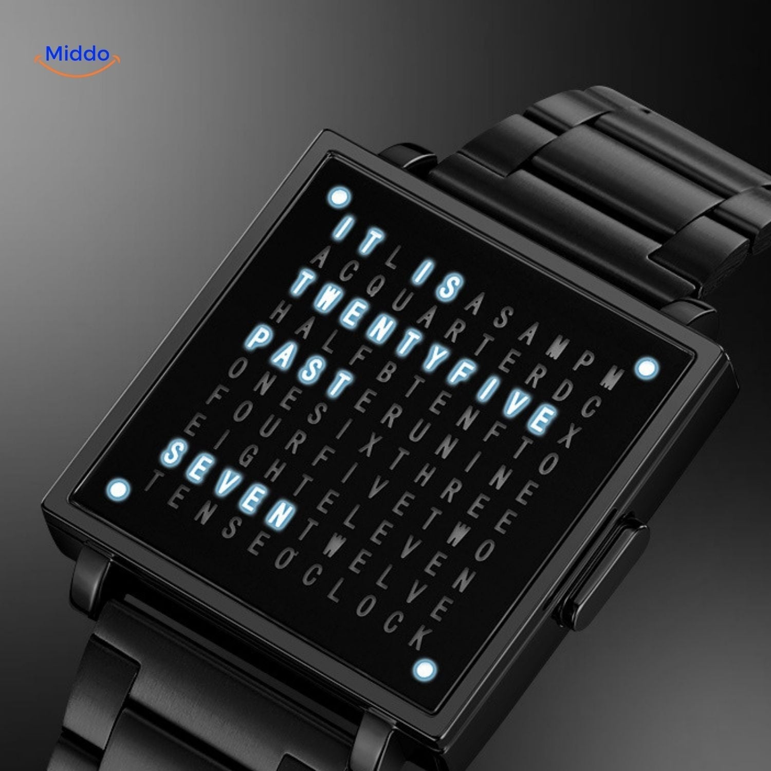 TimeMyst Viereckige Uhr schwarz Wortsprache mit Beleuchtung www.middo.nl