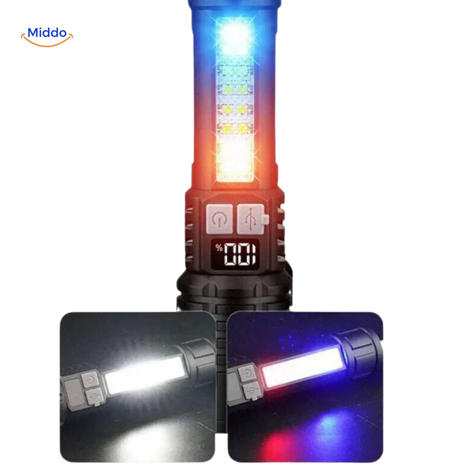 Torchlite Taschenlampe Notbeleuchtung mit weißem und blau-rotem LED-Licht www.middo.de