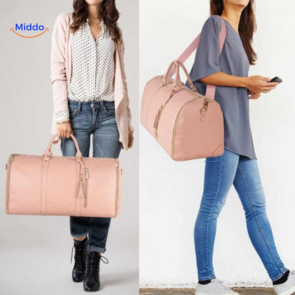 Foto Shoot von einer Frau, die die TravelPro Luxe Reisetasche trägt