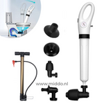 Anleitungen und Teile des Druckluft-Rohrreinigers.