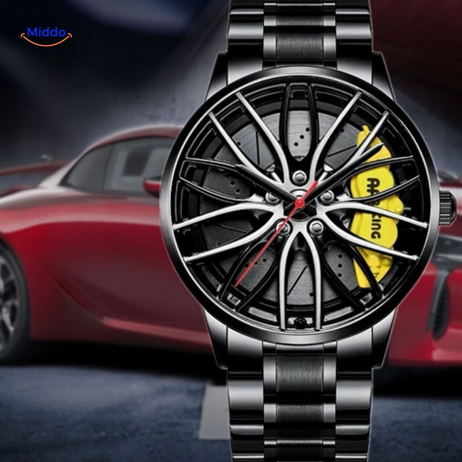 TurboGear Automatik Uhr mit gelben Akzenten und Lederarmband www.middo.de