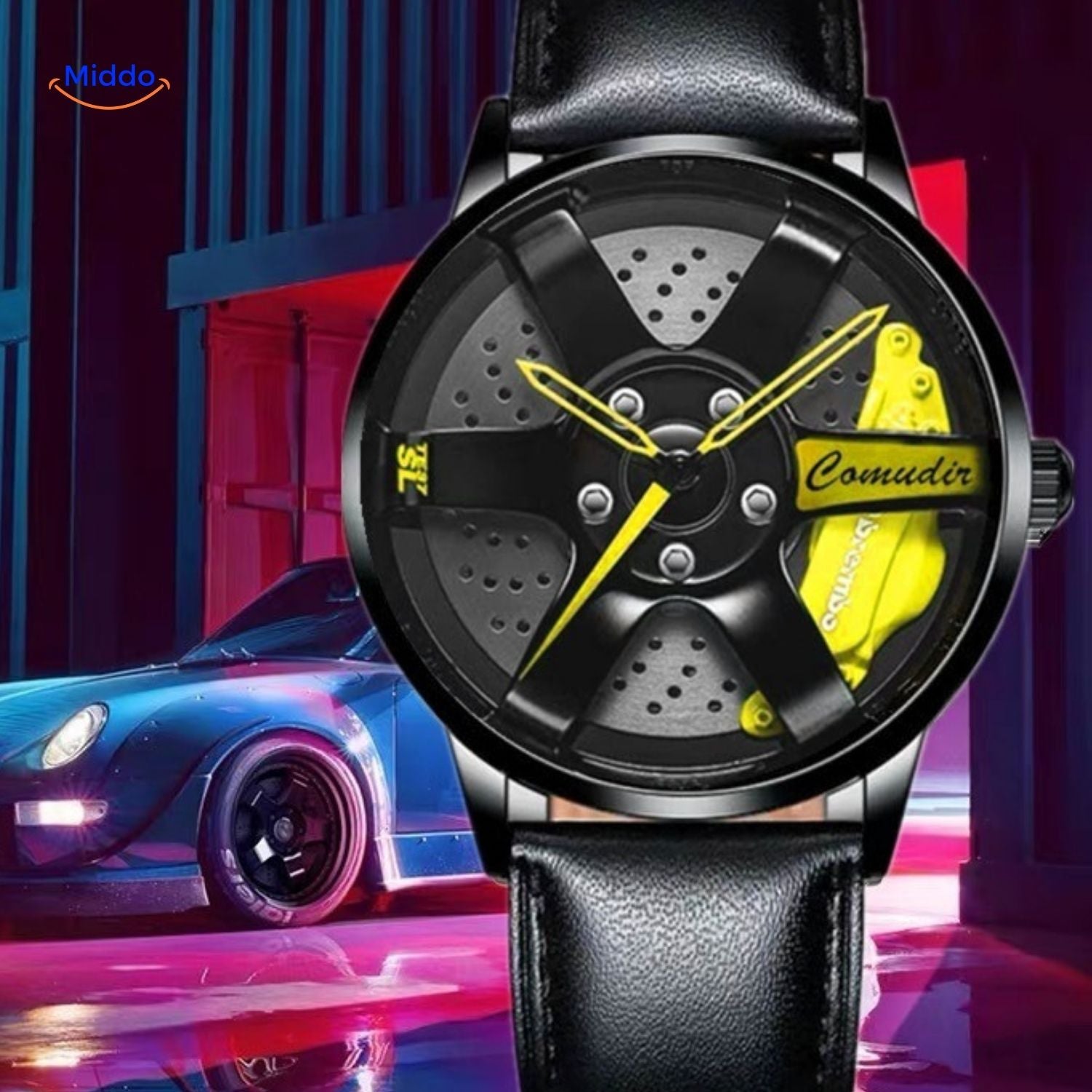 TurboGear Automatische Uhr mit gelben Akzenten und Mesh-Armband www.middo.de
