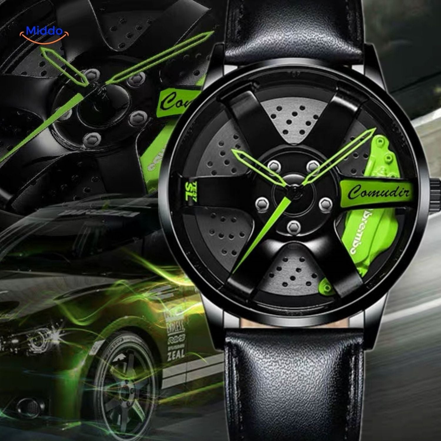 TurboGear Automatik Uhr grün Detail und Lederband robust www.middo.nl