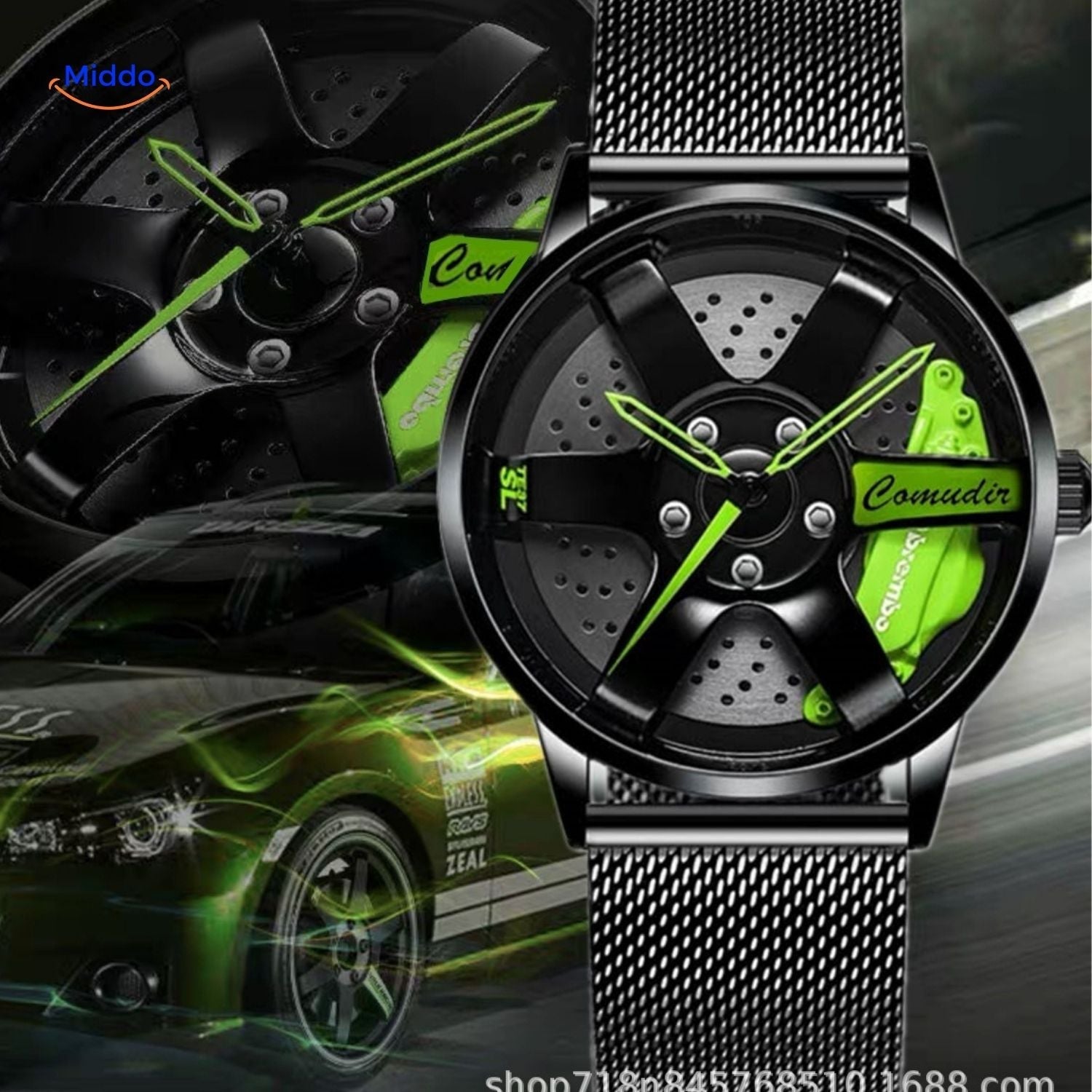 TurboGear Automatische Uhr mit grünen Akzenten und mesh Armband modern www.middo.de