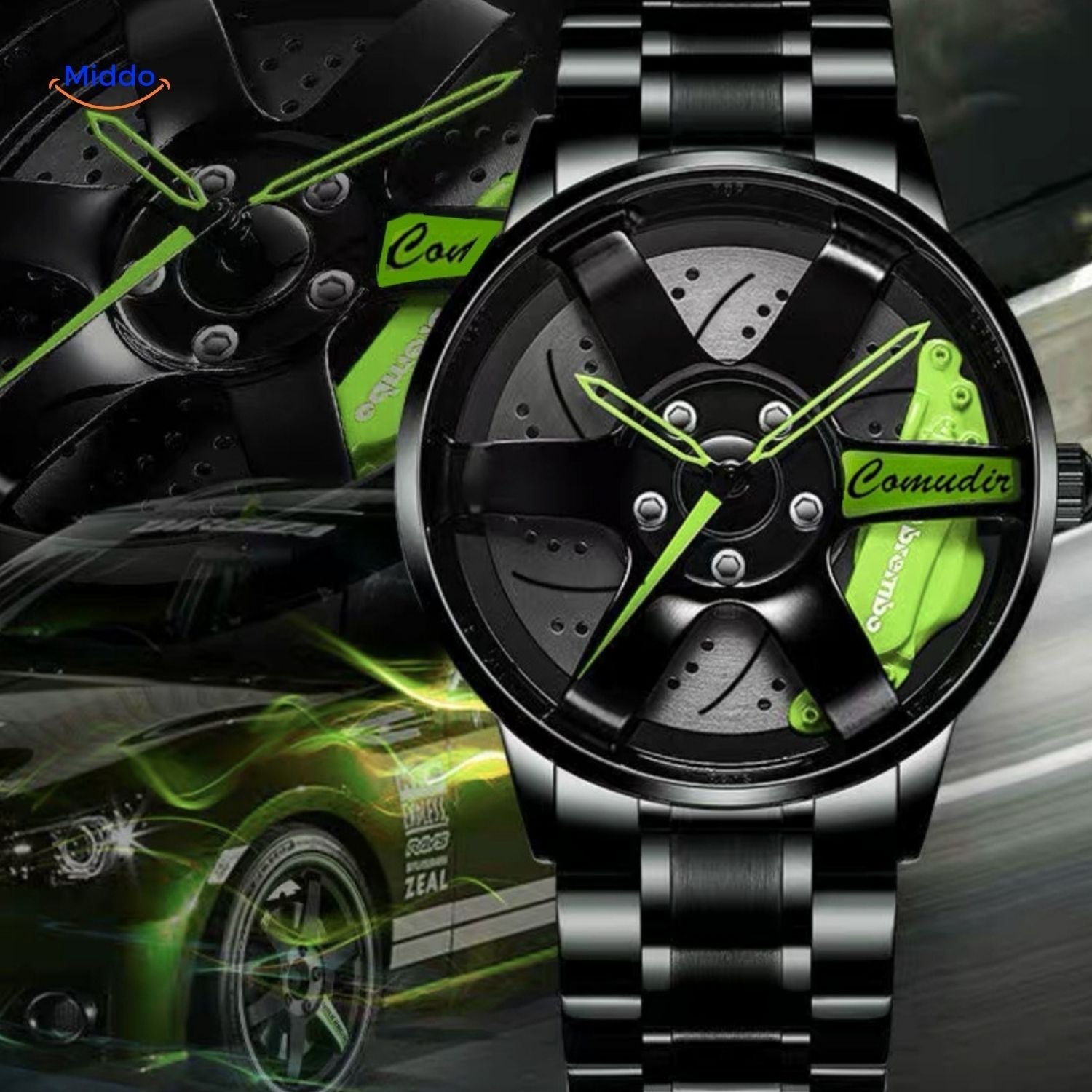 TurboGear Automatische Uhr mit grünen Details und Stahlband www.middo.nl