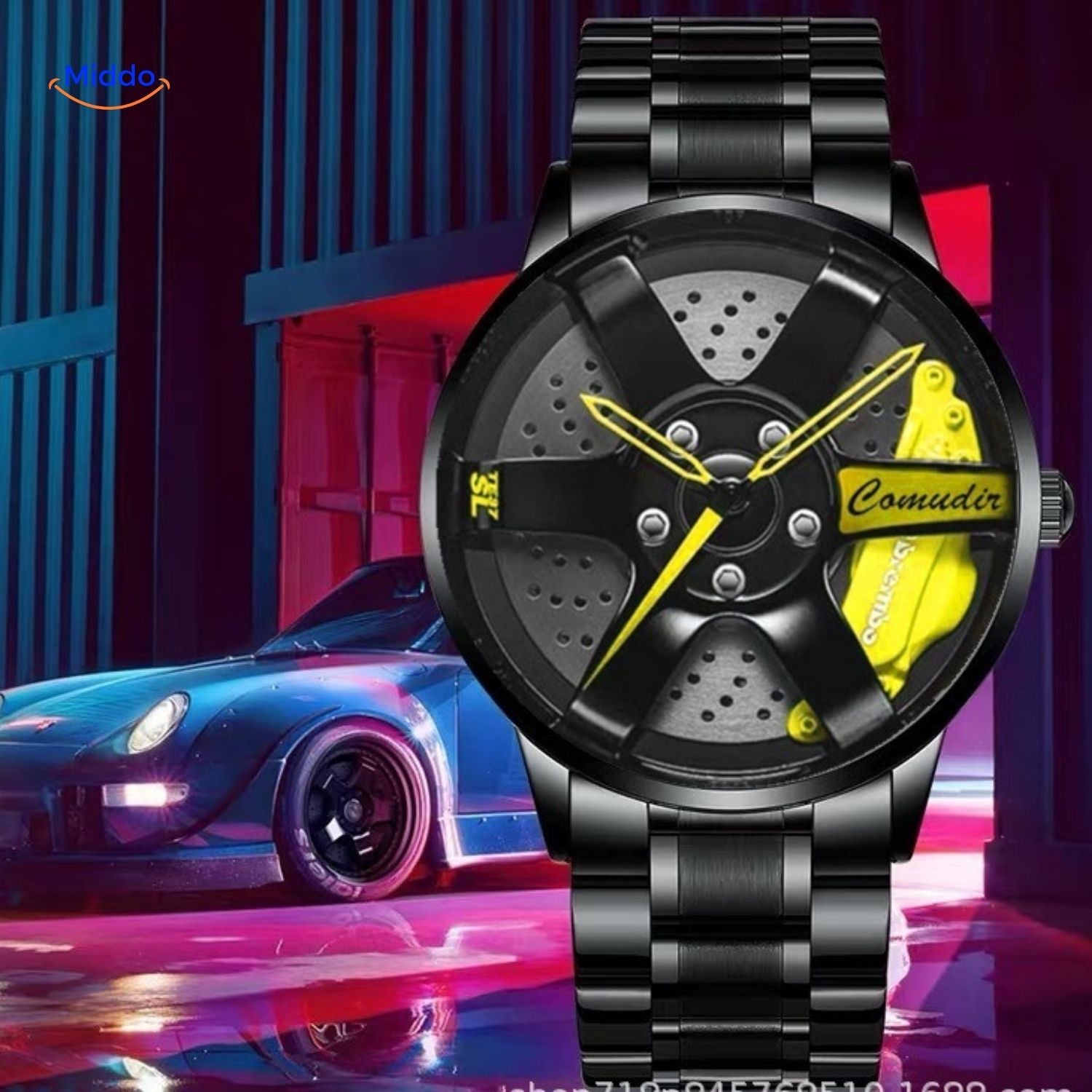 TurboGear Automatisches Uhr mit gelben Details und Lederarmband www.middo.de