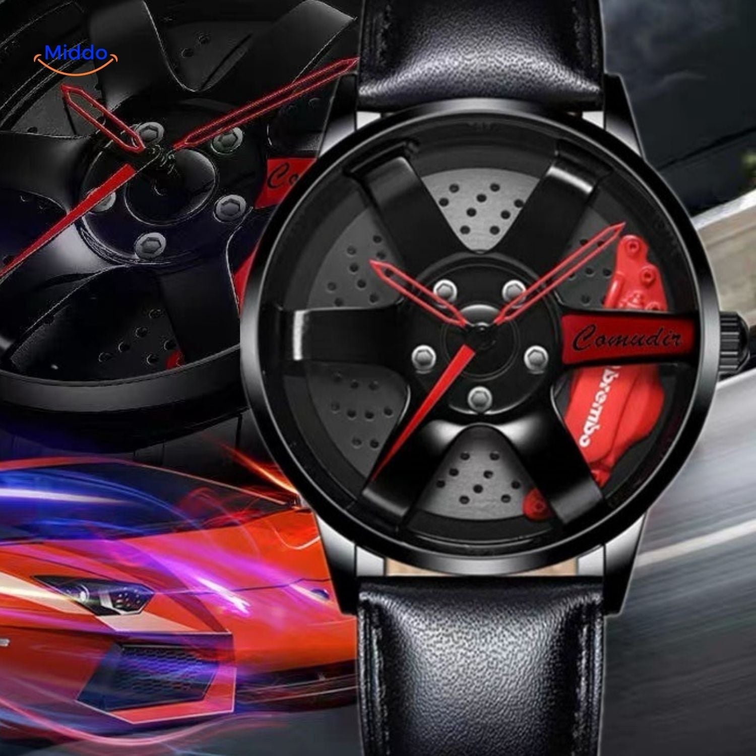 TurboGear Automatische Uhr mit roten Akzenten und Mesh-Armband www.middo.de