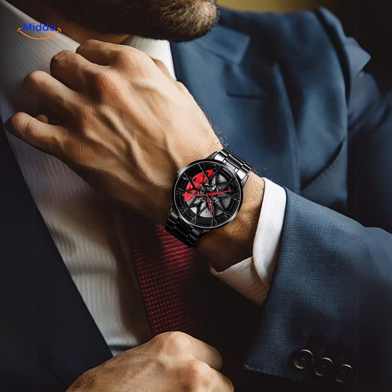 TurboGear Automatische Uhr mit sportlichen roten Details und einzigartigem Felgenlook www.middo.de