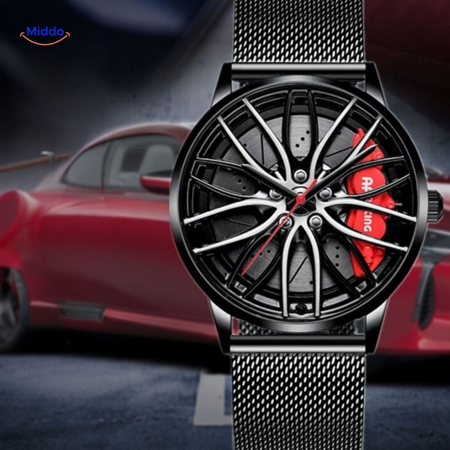 TurboGear Automatik-Uhr mit rotem Akzent und Lederarmband, stilvoll www.middo.de