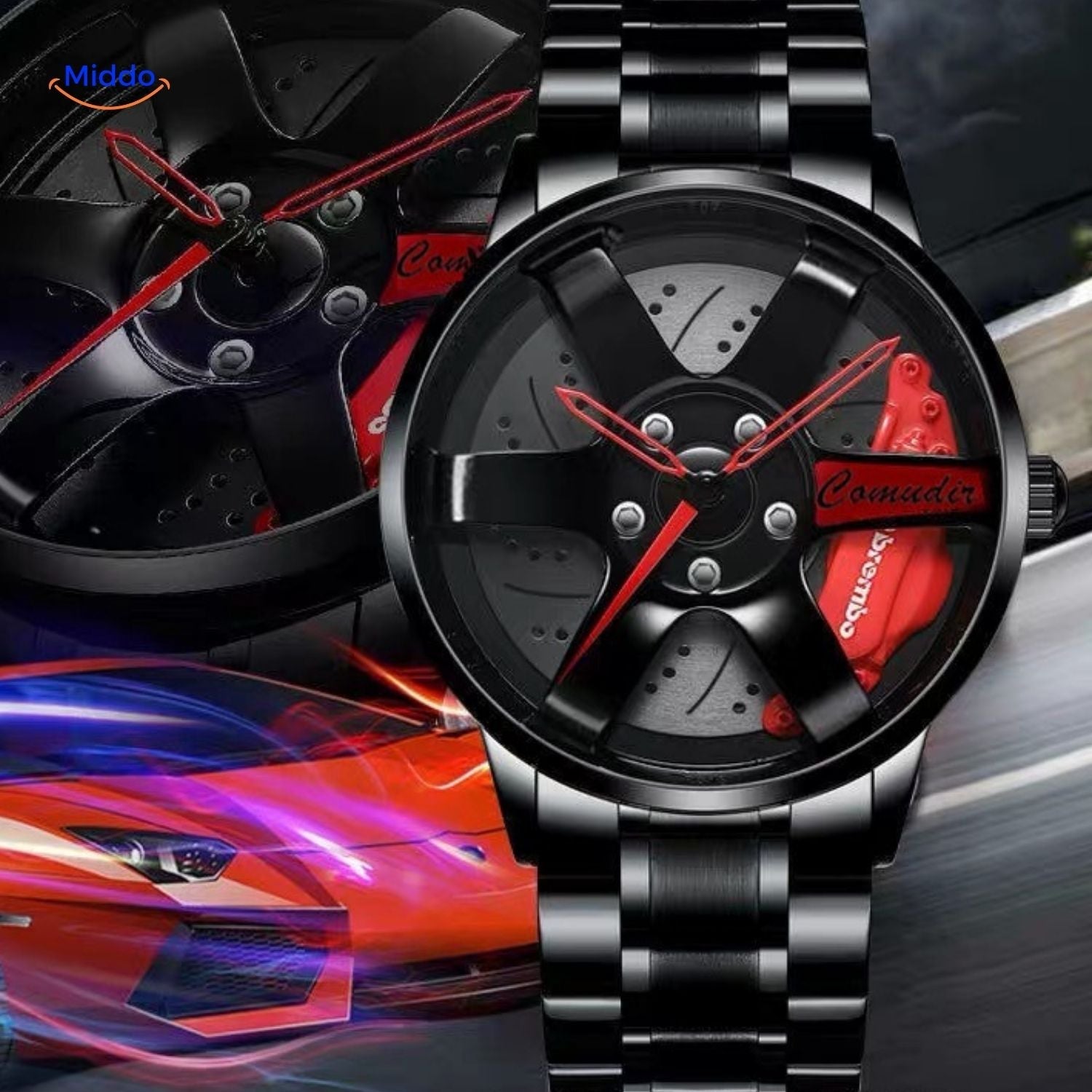 TurboGear Automatik-Uhr mit rotem Detail und Lederarmband www.middo.de