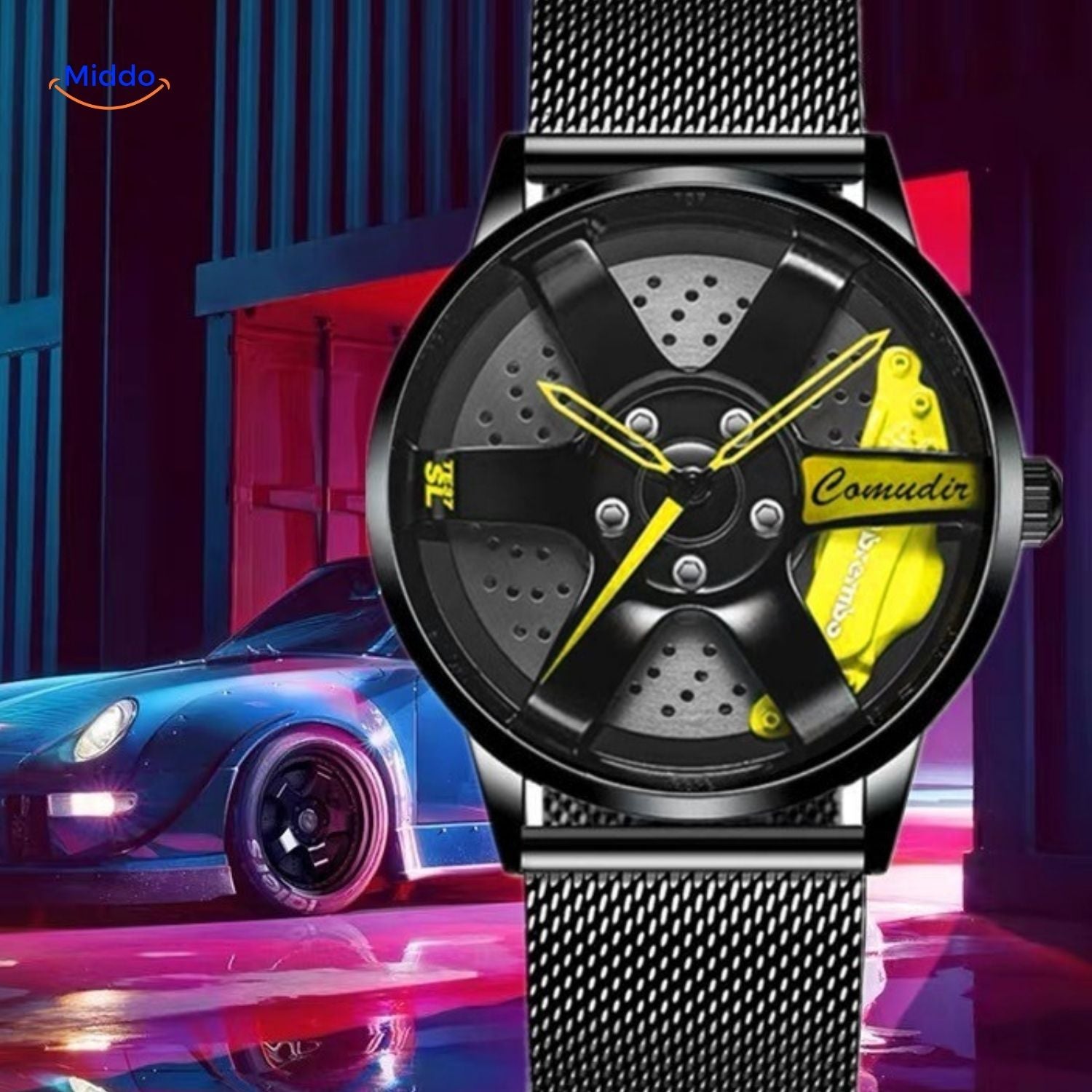 TurboGear Automatisches Sportuhren mit gelbem Mesh-Armband www.middo.nl