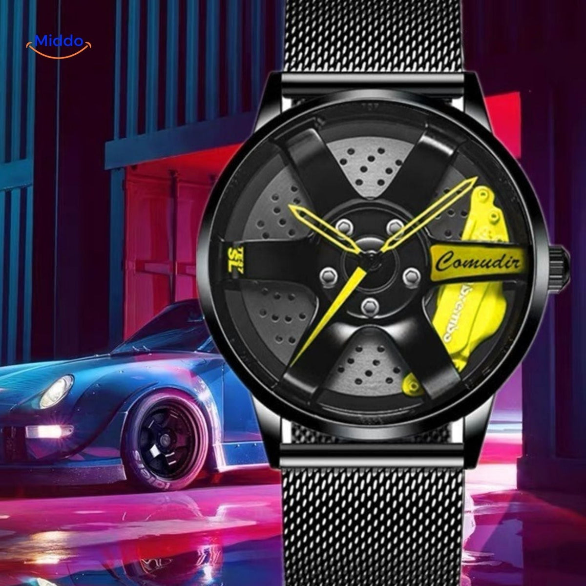 TurboGear Automatische Sportuhr mit gelbem Mesh-Armband