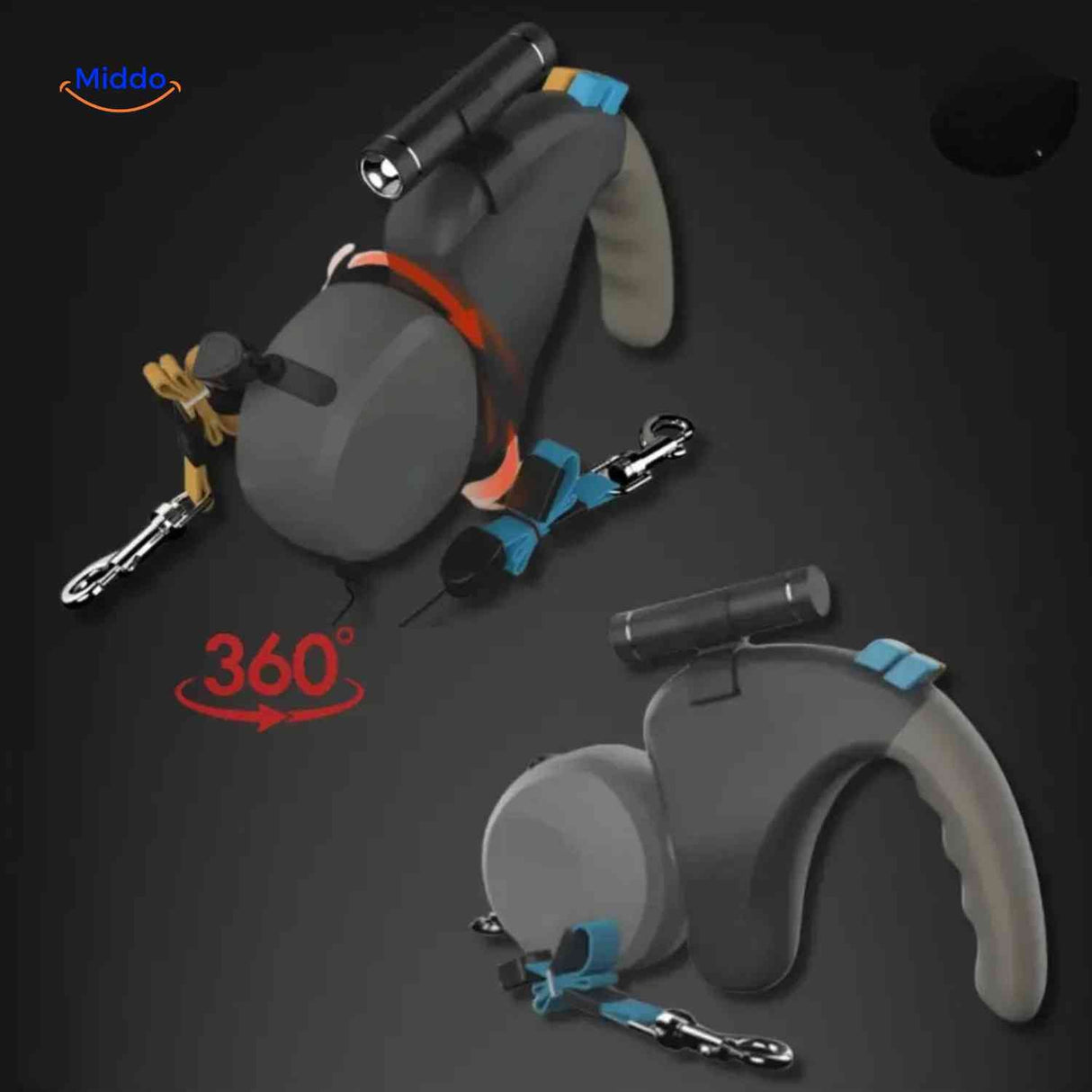 TweeTrek Hundeleine mit zwei Farben, Handgriff und Taschenlampe - www.middo.de