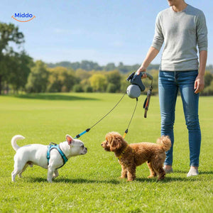 TweeTrek Hundeleine – Ideal für Spaziergänge mit zwei Hunden im Park. Besuchen Sie uns auf www.middo.de