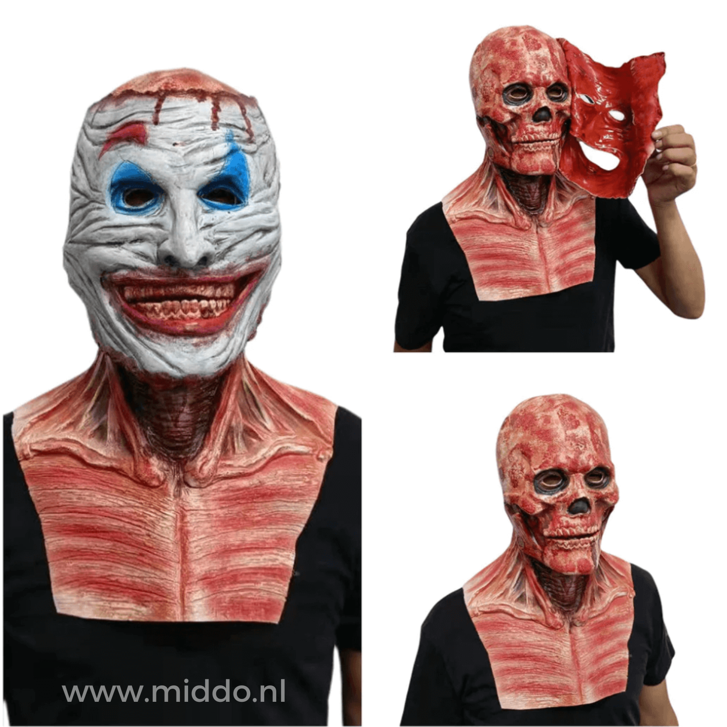 Mann mit ultra-realistischer Peel-Off-Maske, abnehmbare Maske zeigt den Schädel darunter.
