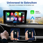 Carplay, das auf dem Armaturenbrett angezeigt wird, mit darunter zwei Bildern, die zeigen, dass man sowohl ohne als auch mit Kabel arbeiten kann.