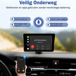 CarPlay, das auf dem Armaturenbrett angezeigt wird, und eine Anleitung, wie man mit CarPlay und dem Mobiltelefon über Bluetooth telefonieren kann.