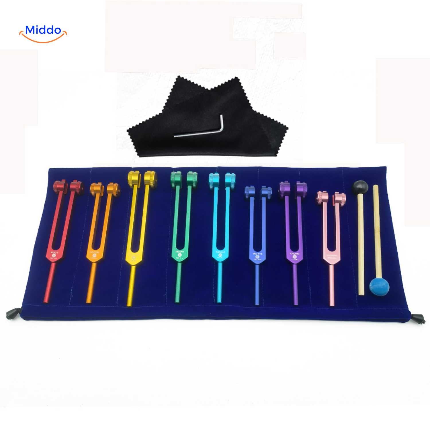 VibeClean Heilungs-Stimmgabel-Set bunte Stimmgabeln mit Zubehör www.middo.de