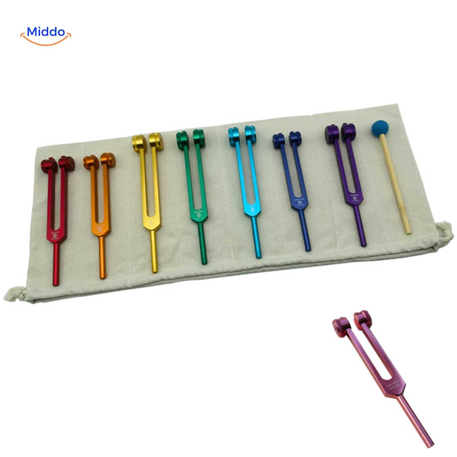 VibeClean Heilende Stimmgabel Set mit verschiedenen Klängen und Farb-Gabeln www.middo.nl