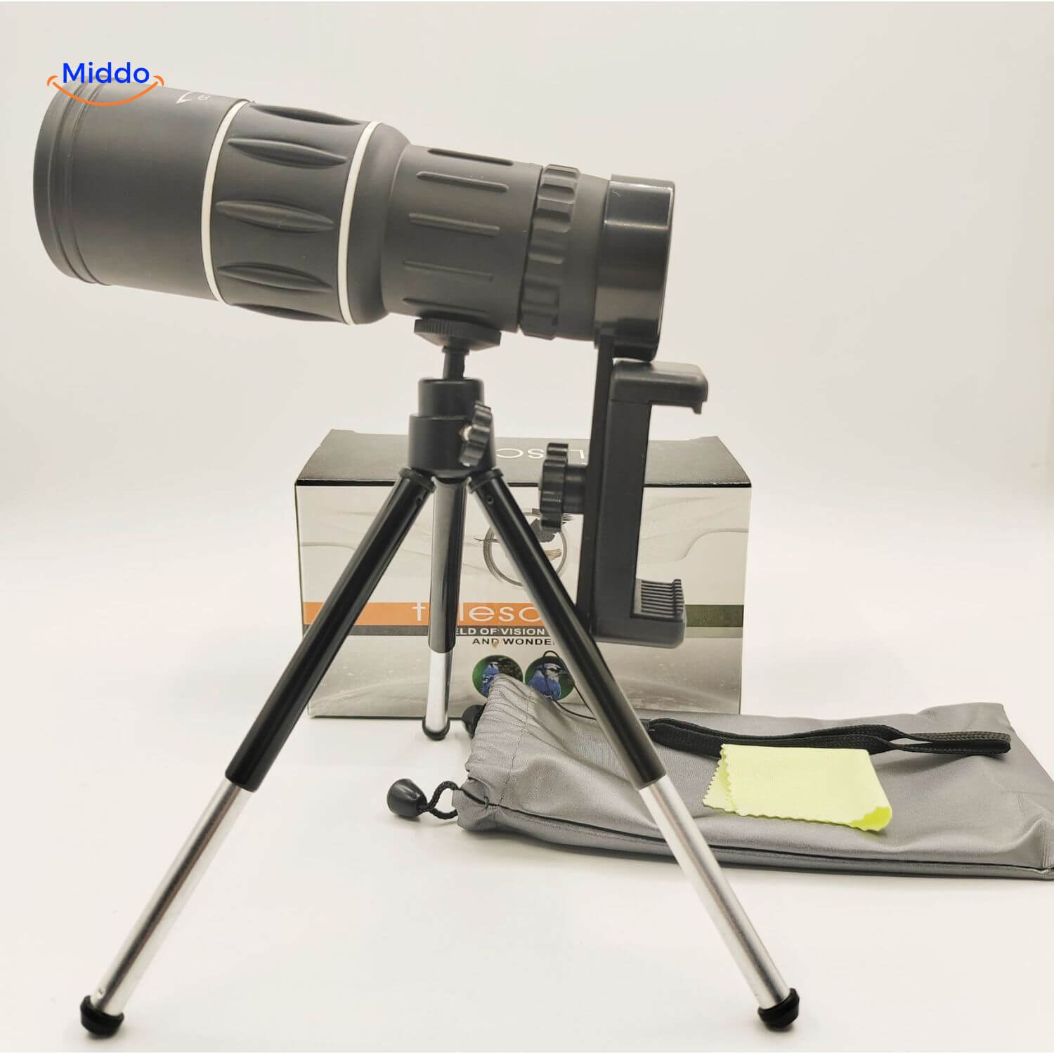 VisioZoom Scope Monokular auf Smartphone mit Stativ Foto www.middo.nl