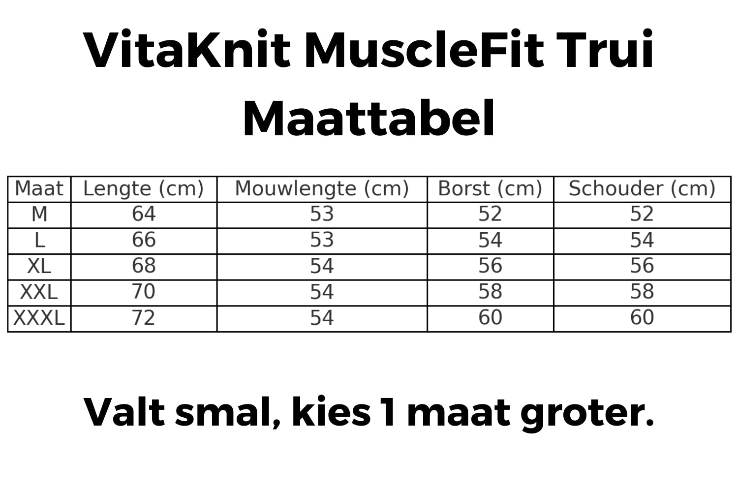 Größentabelle für den Vitaknit MuscleFit Pullover, alle gängigen Größen verfügbar