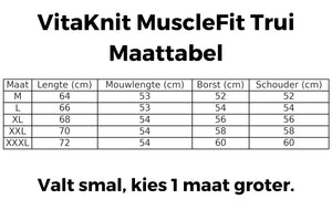 Größentabelle für den Vitaknit MuscleFit Pullover, alle gängigen Größen verfügbar