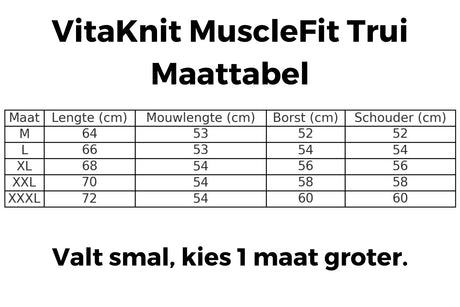 Größentabelle für den Vitaknit MuscleFit Pullover, alle gängigen Größen verfügbar