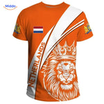 Oranges T-Shirt mit majestätischem Löwen-Design, stolz auf die Niederlande, perfekt für jeden Fan.