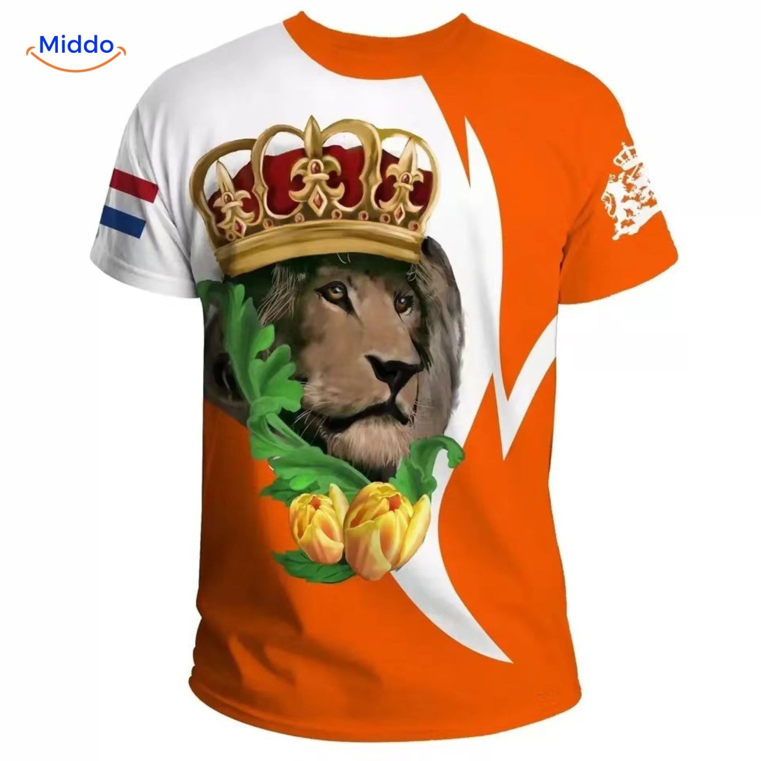 Orange T-Shirt mit königlichem Porträt, Feier der niederländischen Sport- und Kultur.