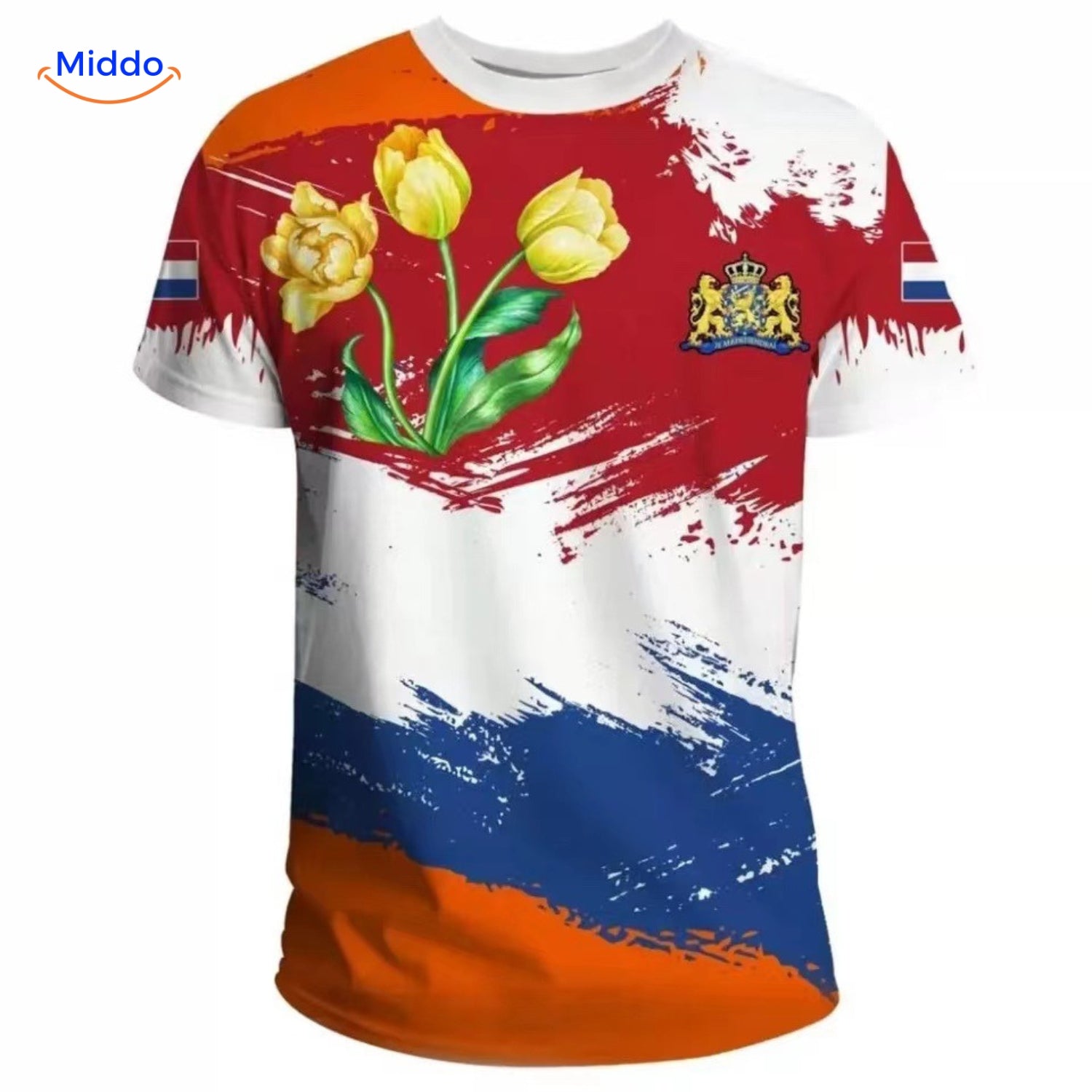 Sportliches oranges T-Shirt mit dynamischen Wellen, ideal für die Unterstützer der Niederlande.