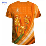 Oranges T-Shirt mit eleganten Blumenmustern, einzigartiger Stil für niederländische Fans.