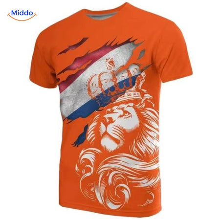 Orangenes T-Shirt mit modernem Löwenmotiv, symbolisiert die Kraft und den Stolz der Niederlande.