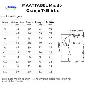 Größentabelle für die orangen T-Shirts von Middo