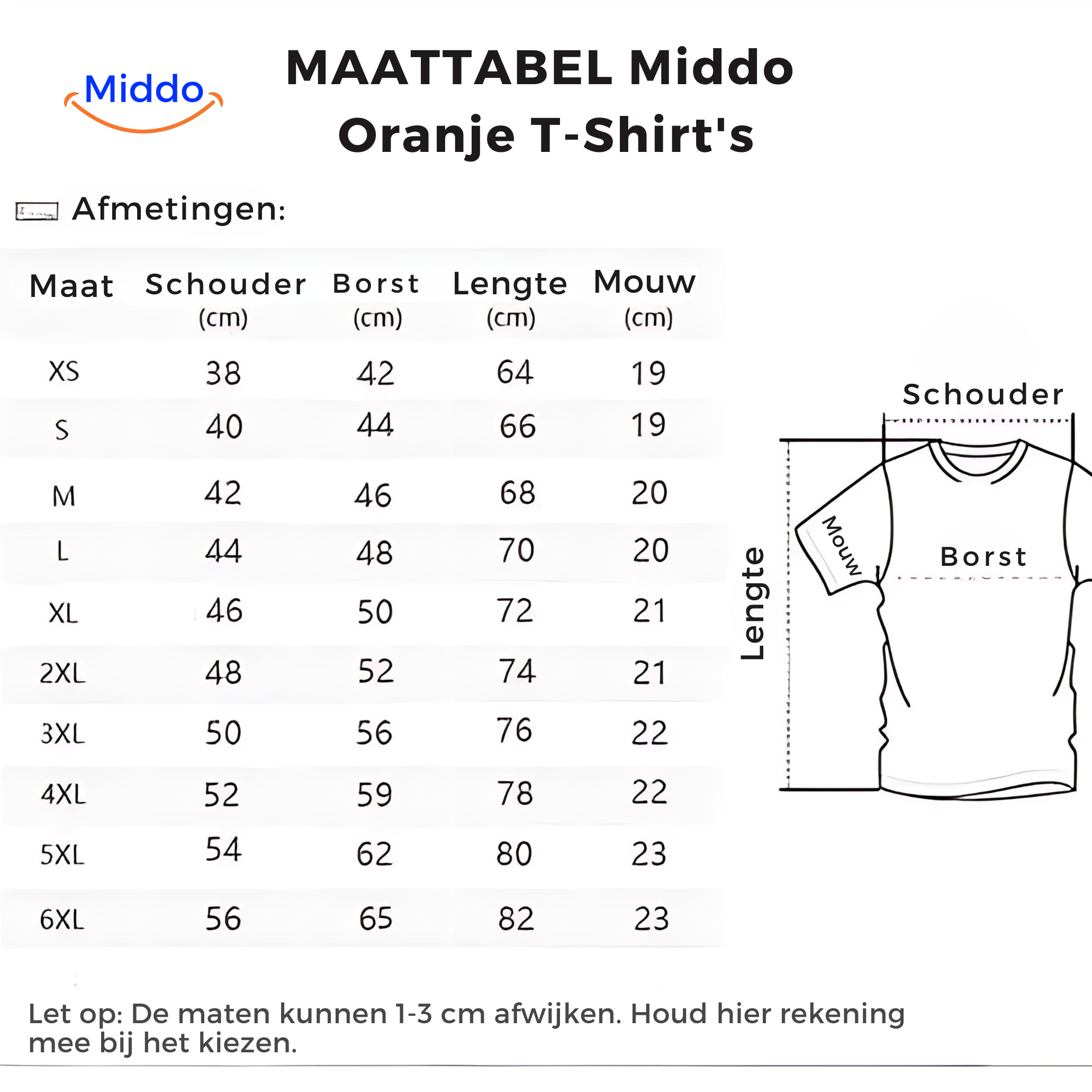 Größentabelle für Middo's orange Fußball-T-Shirts