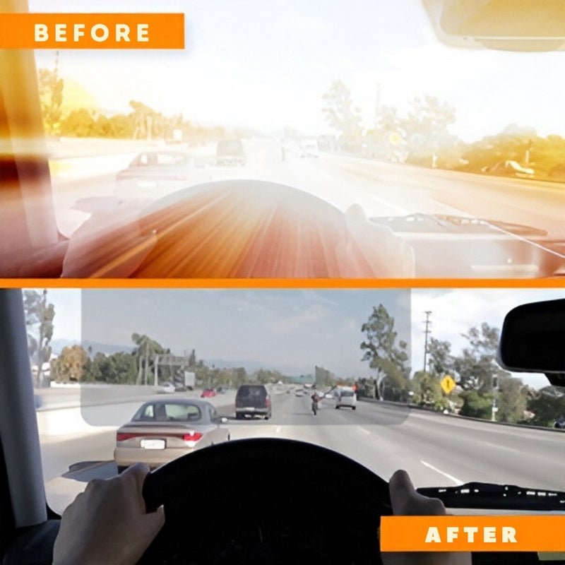 Vorher- und Nachher-Bild der SafeDrive Sonnenblende tagsüber