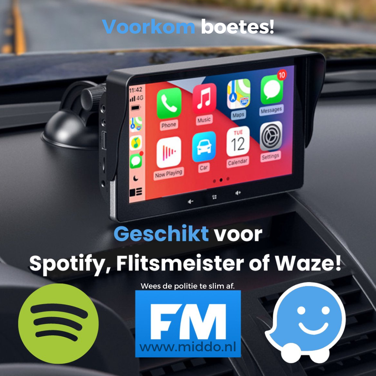 Foto von CarPlay mit Text von geeignet für Spotify, Flitsmeister oder Waze.