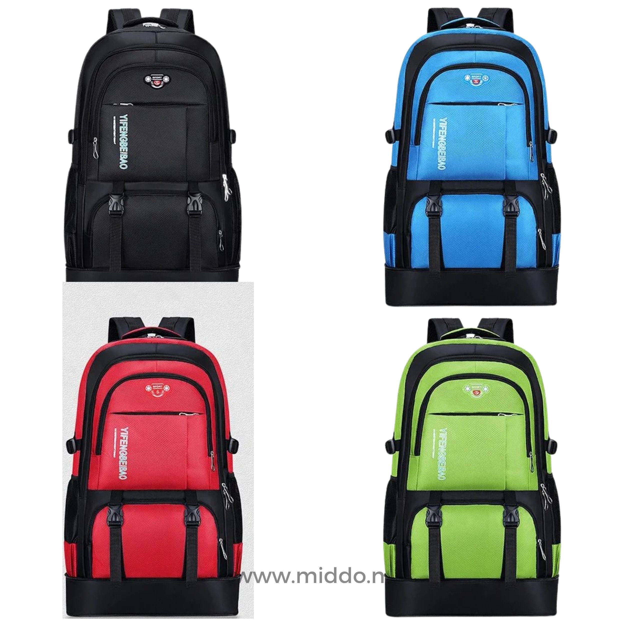 Vier Farben des VoyagePro Adventure Rucksacks: grün, blau, rot, schwarz.