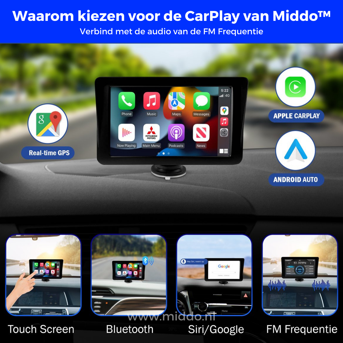 CarPlay ist fest im Armaturenbrett des Autos integriert, mit 4 Bildern darunter, die zeigen, wie Sie es verwenden können, mit Touchscreen, Bluetooth, Siri/Google und Radio.