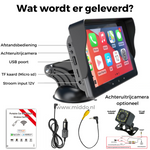 Foto von Carplay mit den mitgelieferten Teilen wie Kabeln und Anleitung sowie optional der Rückfahrkamera.