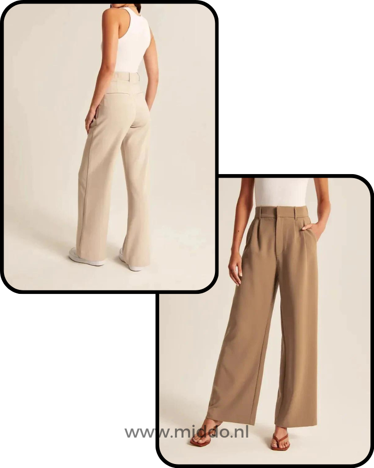 Ein Foto von der beigen Rückseite der weiten Hose und ein Foto von der Vorderseite der braunen weiten Hose.