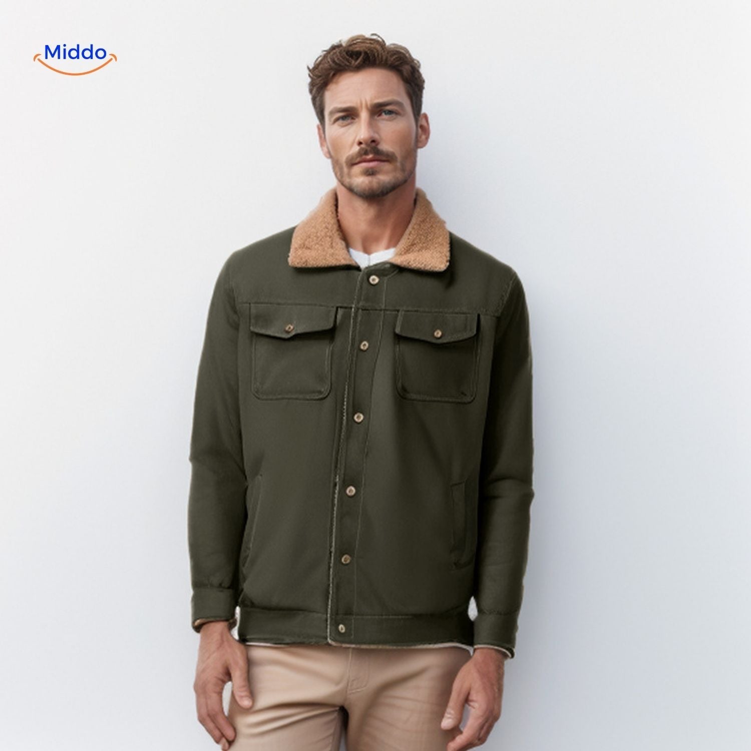 WinterFlex Herrenjacke dunkelgrün mit braunem Kragen www.middo.nl